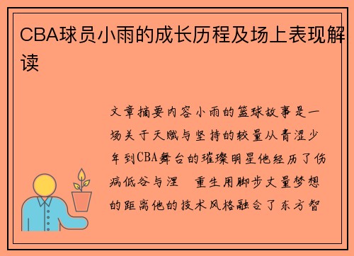 CBA球员小雨的成长历程及场上表现解读