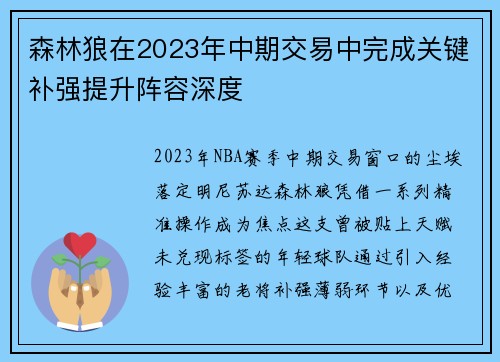 森林狼在2023年中期交易中完成关键补强提升阵容深度