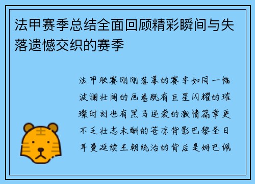 法甲赛季总结全面回顾精彩瞬间与失落遗憾交织的赛季